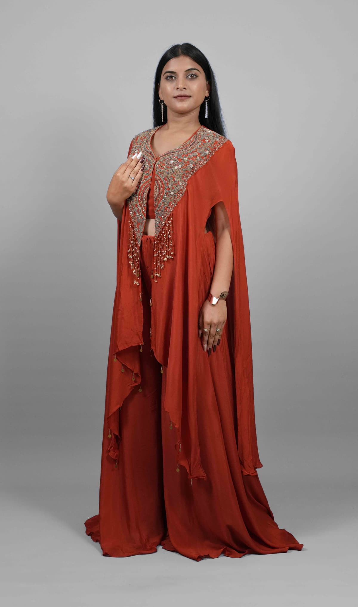 Amber Glow Embroidered Cape Set
